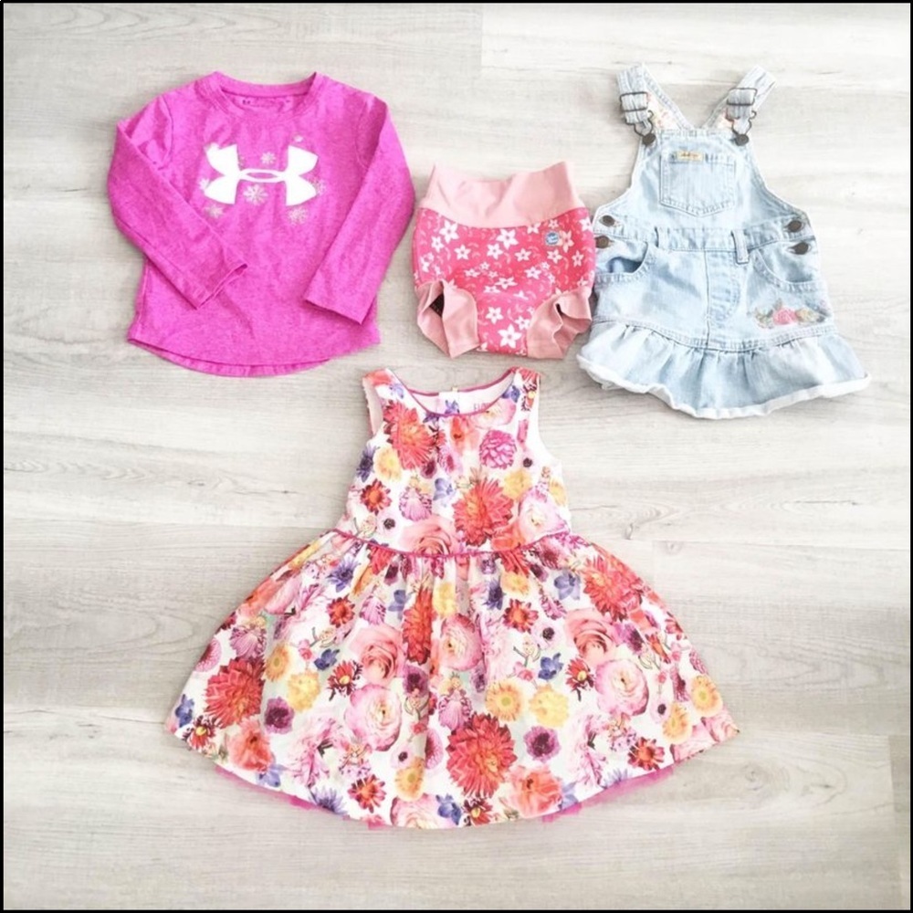 Lot Of Girl Clothes Size 2T Toddlers Dress Overalls Shirt Swim Shorts lot of 4